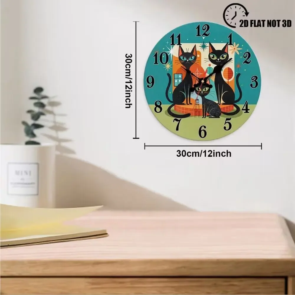 Retro Mid Century Modern Black Cats Printed Wall Clock Teal Graphic Quartz New